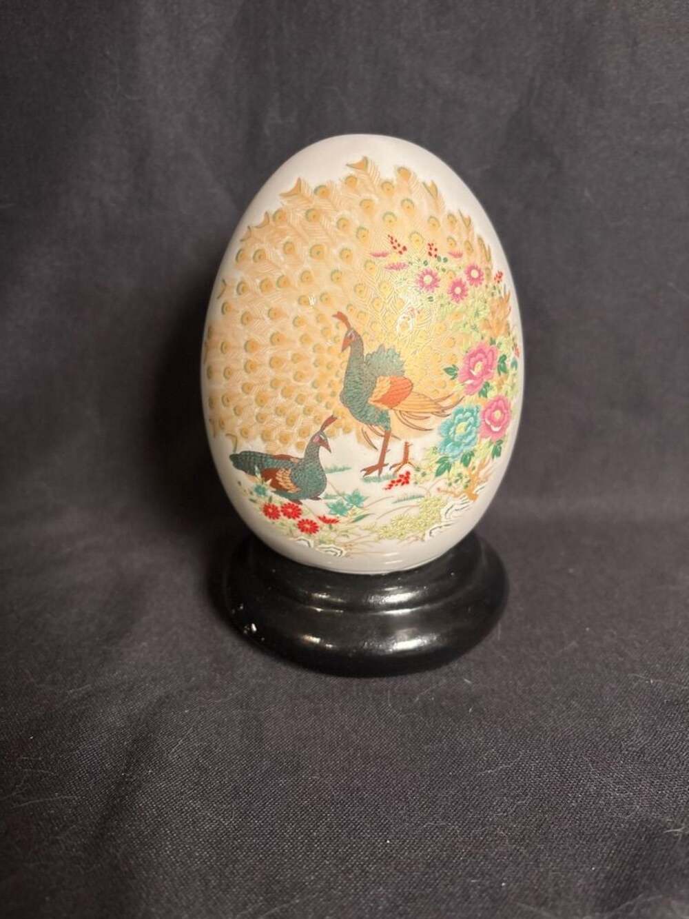 Decorative Porcelain Peacock Egg with Wooden Stand